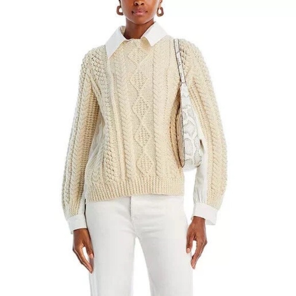 Sea New York Leni WOOL Fisherman Cable Knit Sweater Combo in Cream Size LARGE - Picture 4 of 14